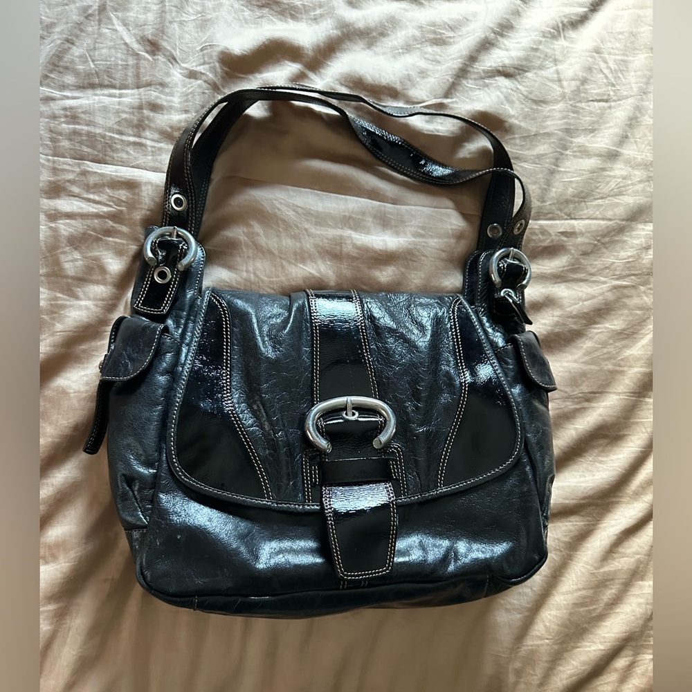 Francesco Biasia Black Leather Shoulder Bag with Silver Hardware